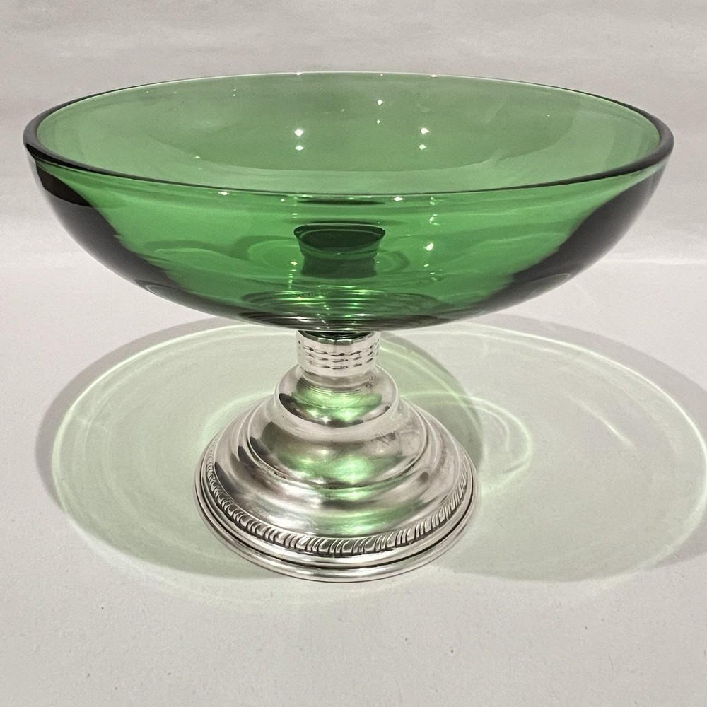 Antique British Solid Sterling Silver Pedestal Compote w/ Green Glass c1890–1910